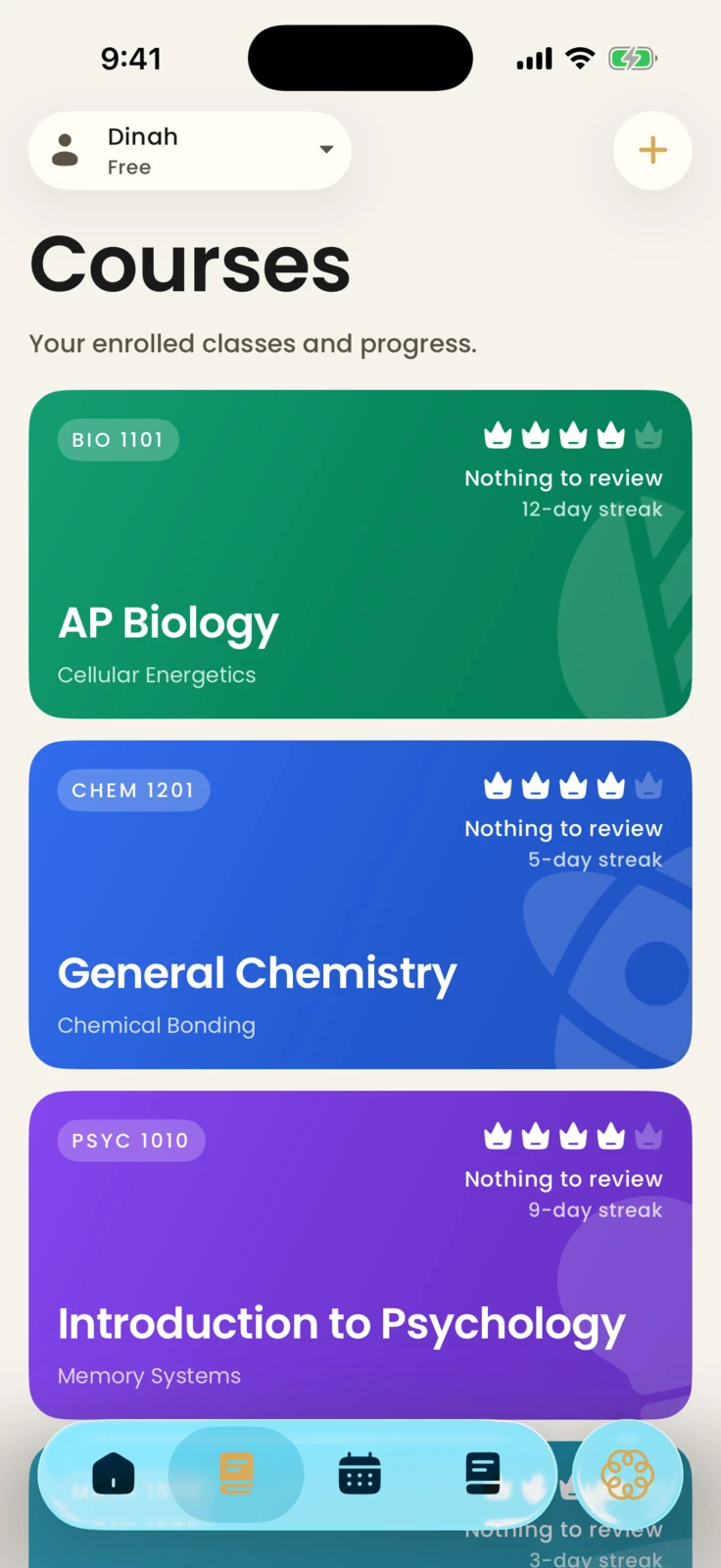 Dinah's course list showing BIO 1101, CHEM 1201, and PSYC 1010 with next concepts