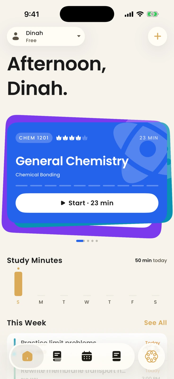 Acuide home with Dinah's stacked mastery track deck, weekly study minutes, and upcoming deadlines