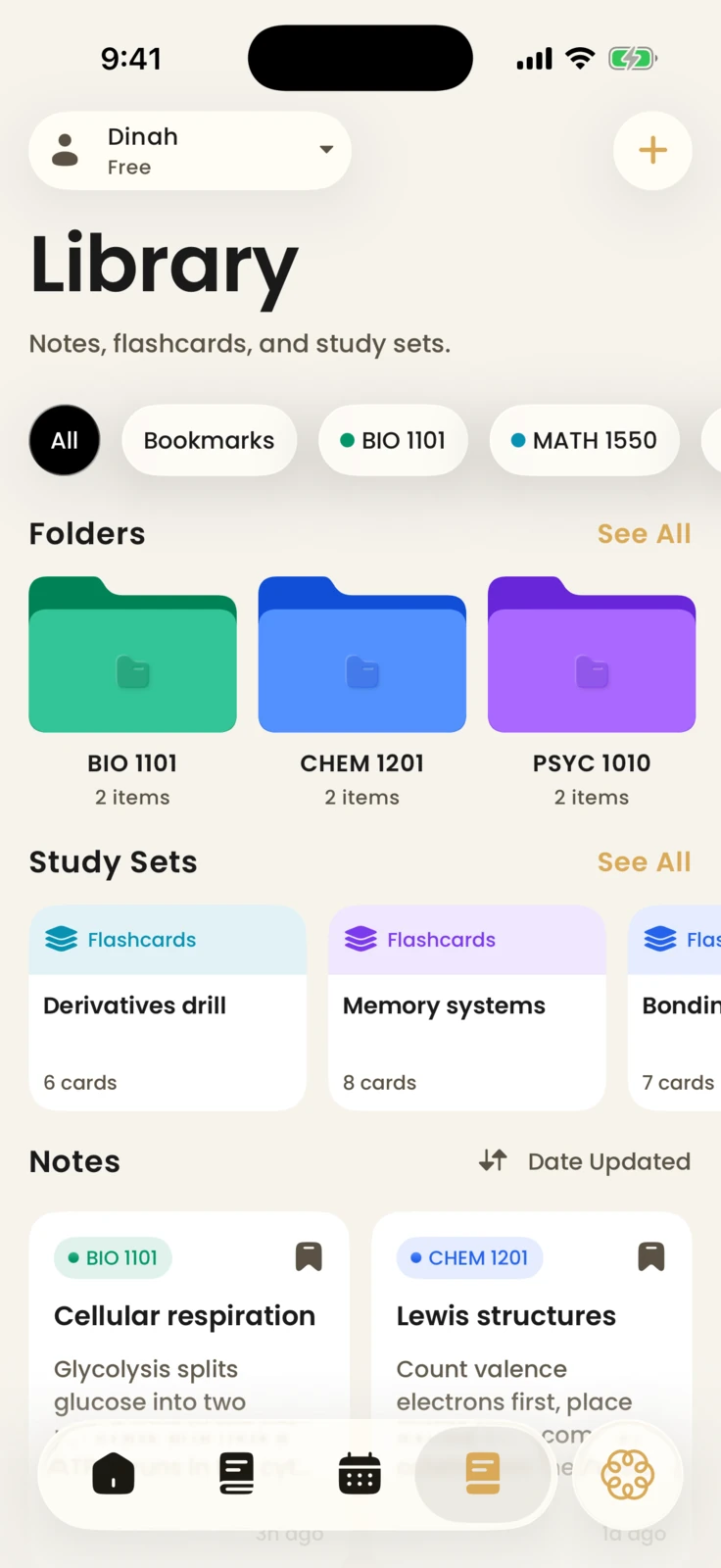 Dinah's Library with coded course folders, flashcard study sets, and recent notes