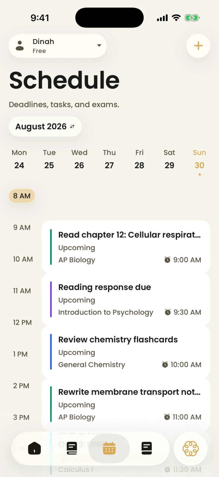 Dinah's Schedule screen laying out the week, with the day's study tasks and their times