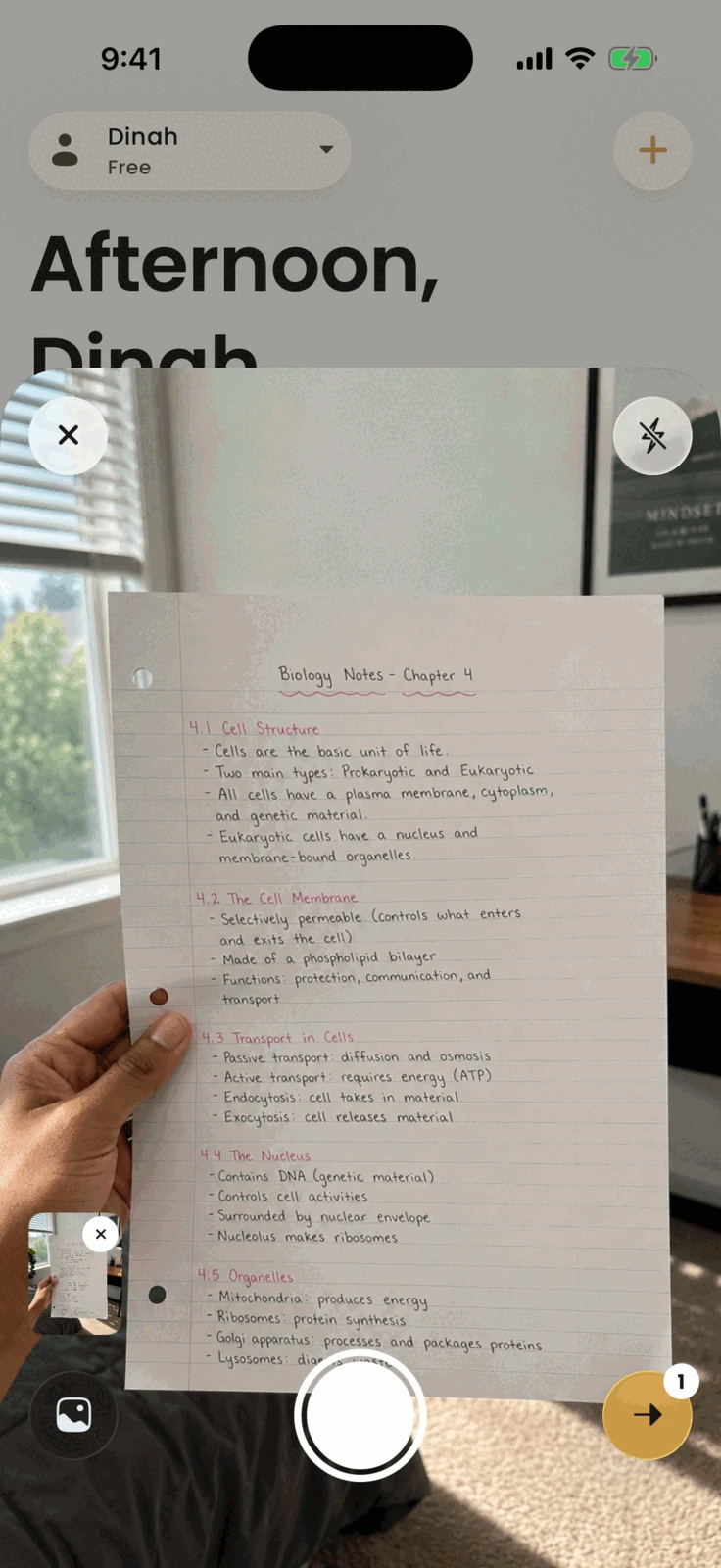 The Acuide camera framing a handwritten page of Biology Chapter 4 notes, ready to capture