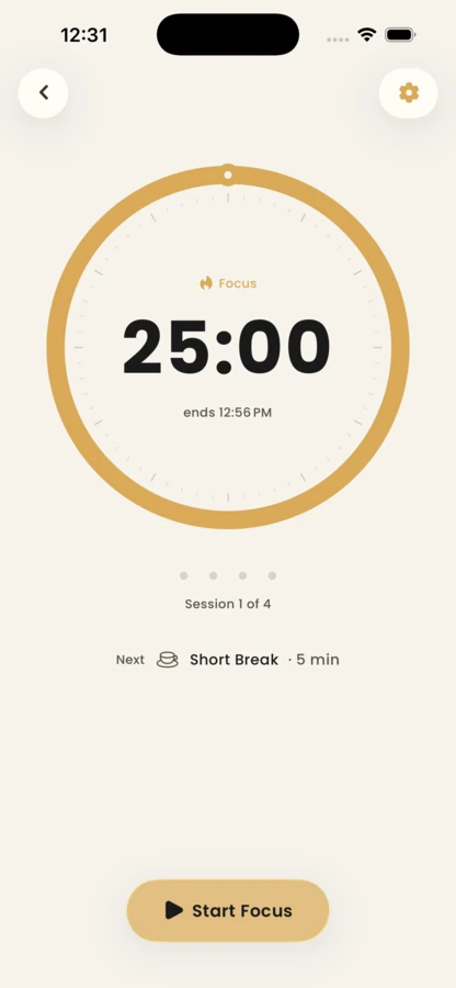 The Acuide focus timer showing a 25 minute session with a short break up next